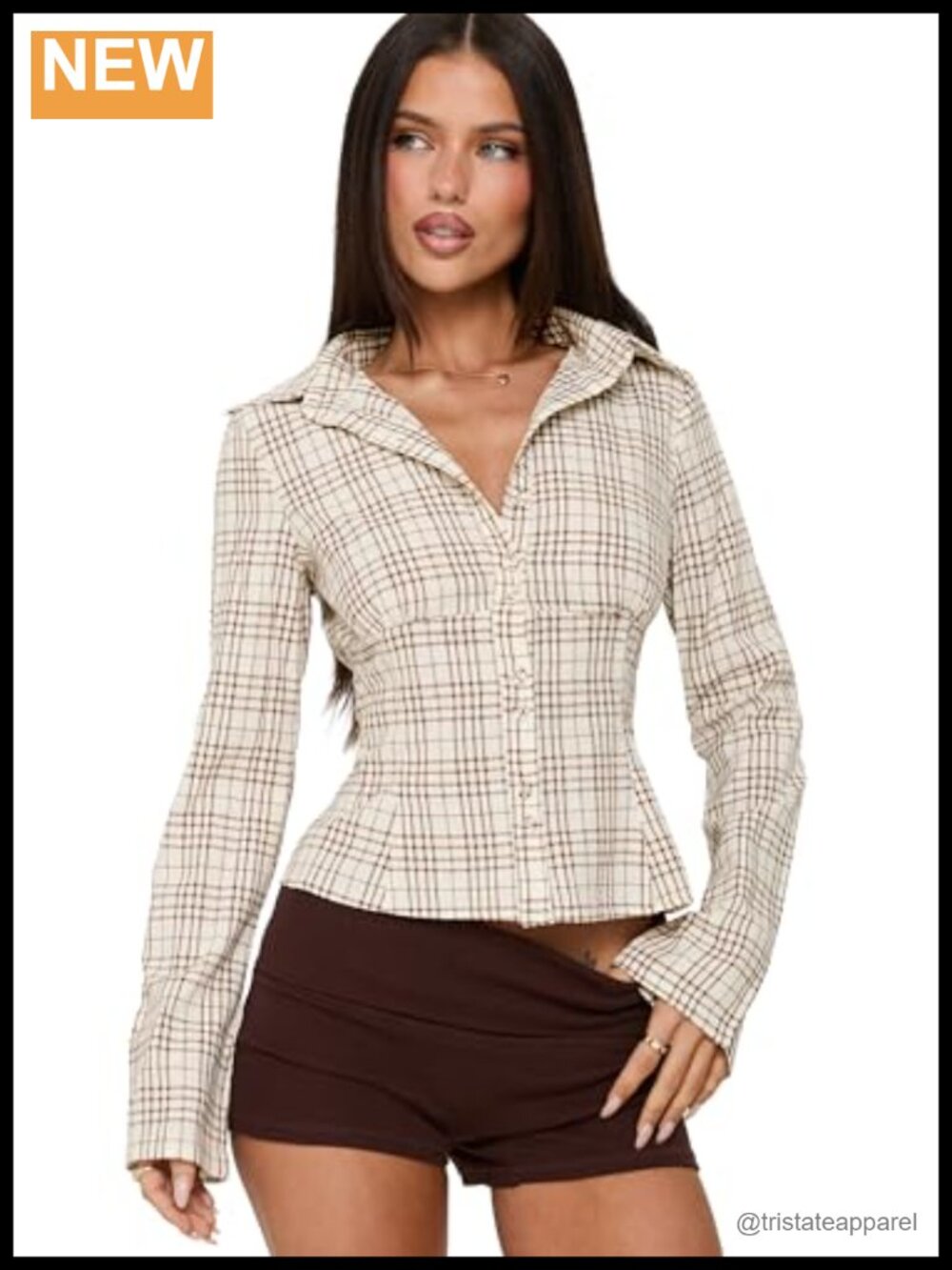 Long Sleeve Check Blouse Button Front Cotton White